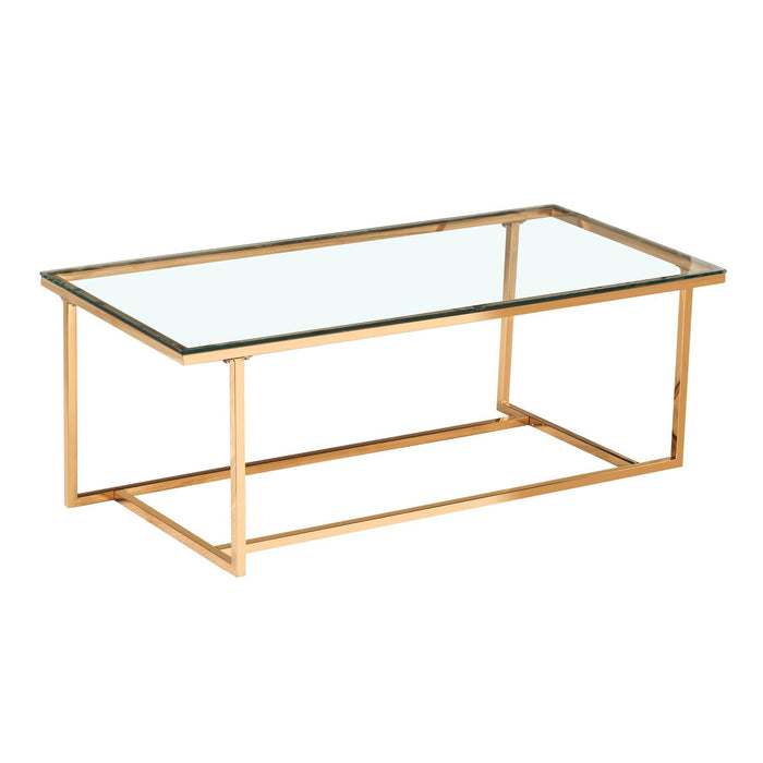 Mesa de centro dorada de metal con vidrio